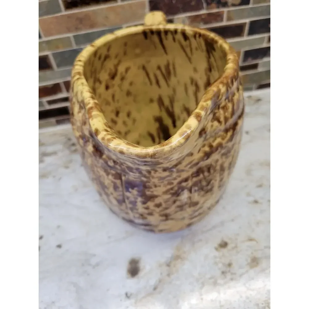 Antique Morton Potteries Spongeware Yellowware Barrel Pitcher Woodland Glaze